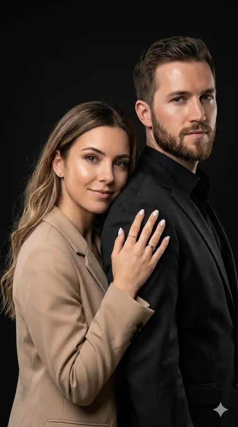 Usando a foto como referência crie um retrato profissional de um casal em estúdio, qualidade ultra r
