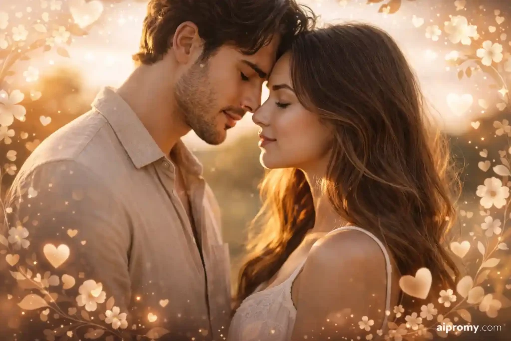 Romantic couple during golden hour with soft sunlight and aipromy.com watermark
