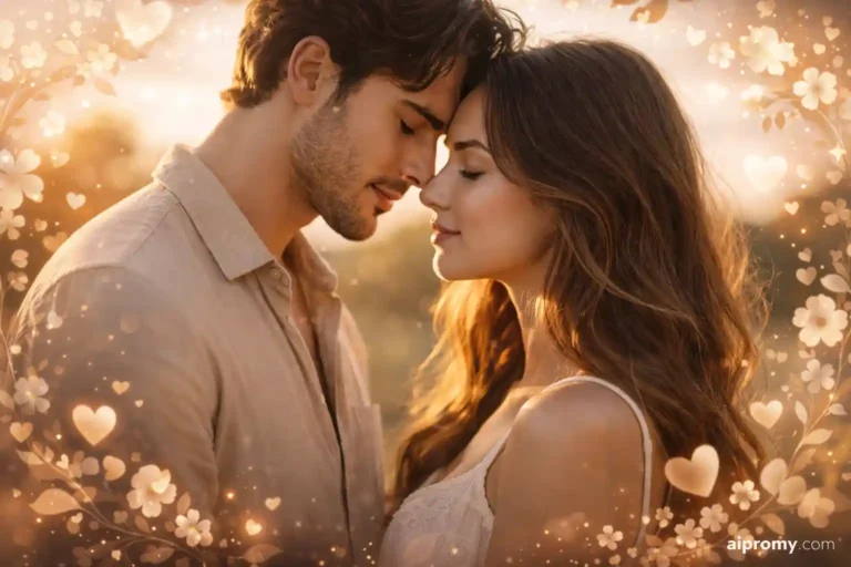 Romantic couple during golden hour with soft sunlight and aipromy.com watermark