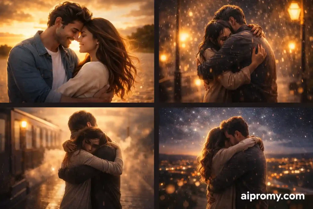 couple hugging ai image prompts showing emotional romantic and cinematic hugging scenes generated using ai prompts