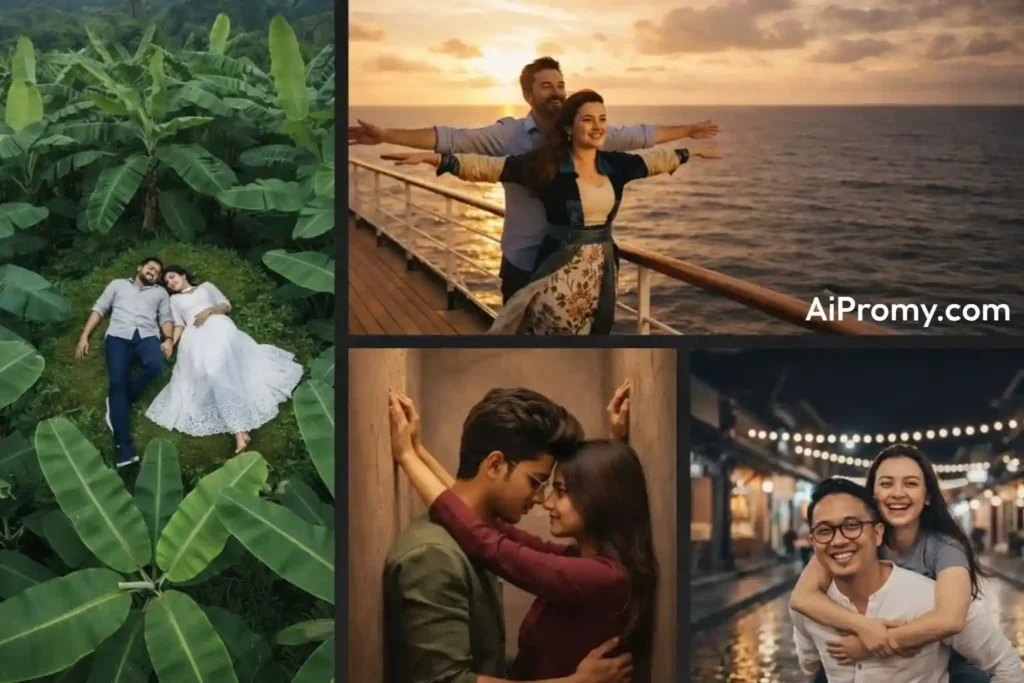 Best AI couple image prompts collage showing romantic, cinematic, and realistic couple poses generated using AI
