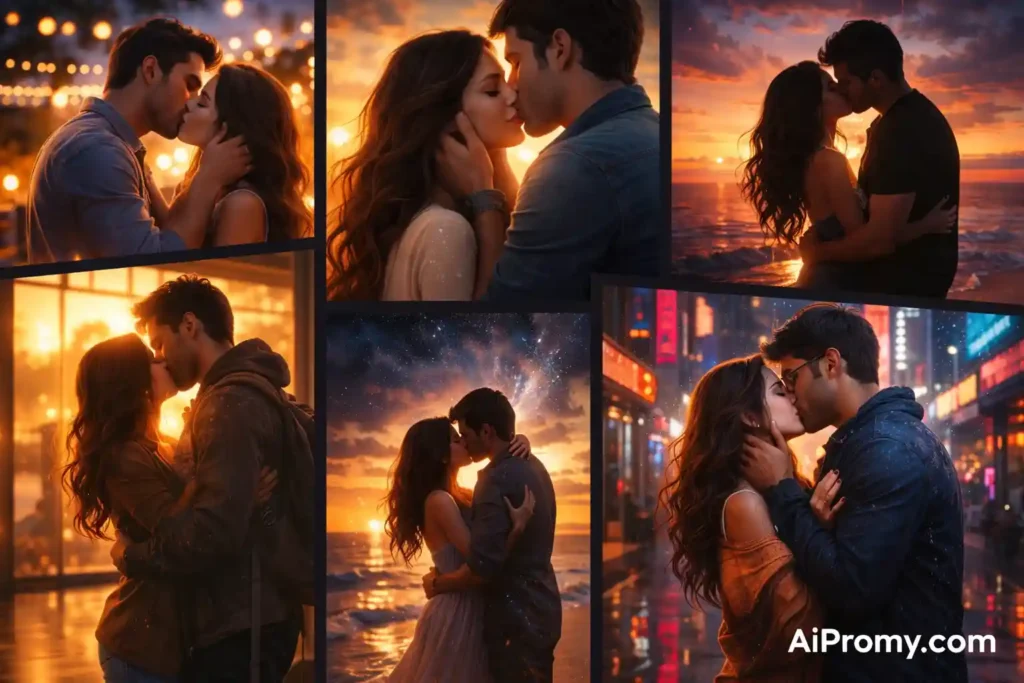 kissing couple ai image prompts showing romantic cinematic and emotional couple kissing scenes generated using ai prompts