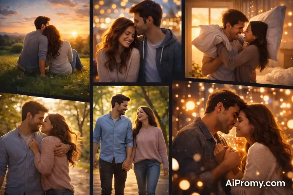 cute couple ai image prompts showing adorable romantic and aesthetic couple scenes with natural expressions and soft lighting