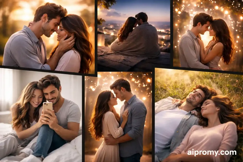 aesthetic couple ai image prompts collage showing soft instagram style couple photos with dreamy lighting and romantic scenes
