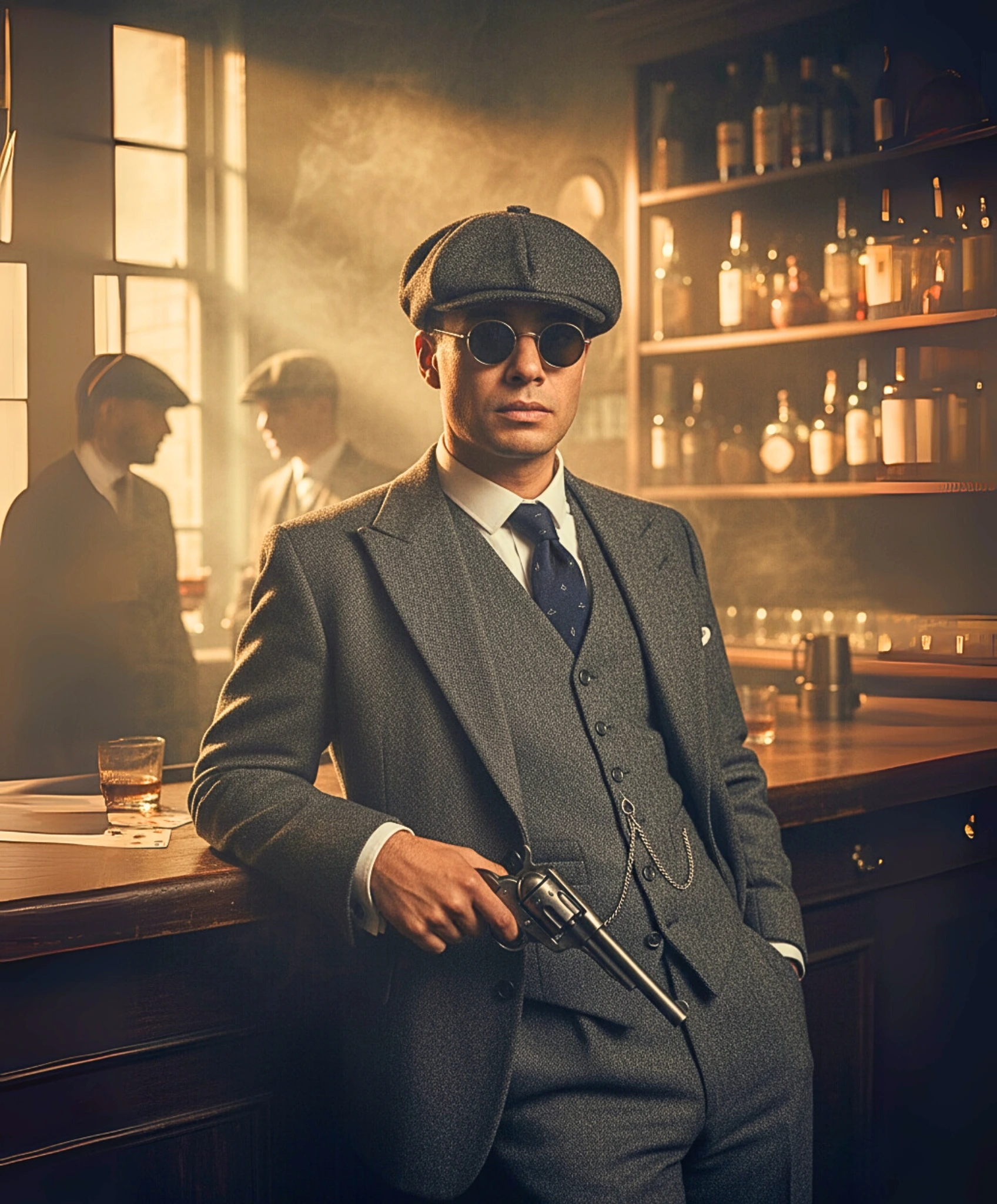 Transform this person into a highly detailed, full-body portrait of a 1920s Birmingham gangster in t