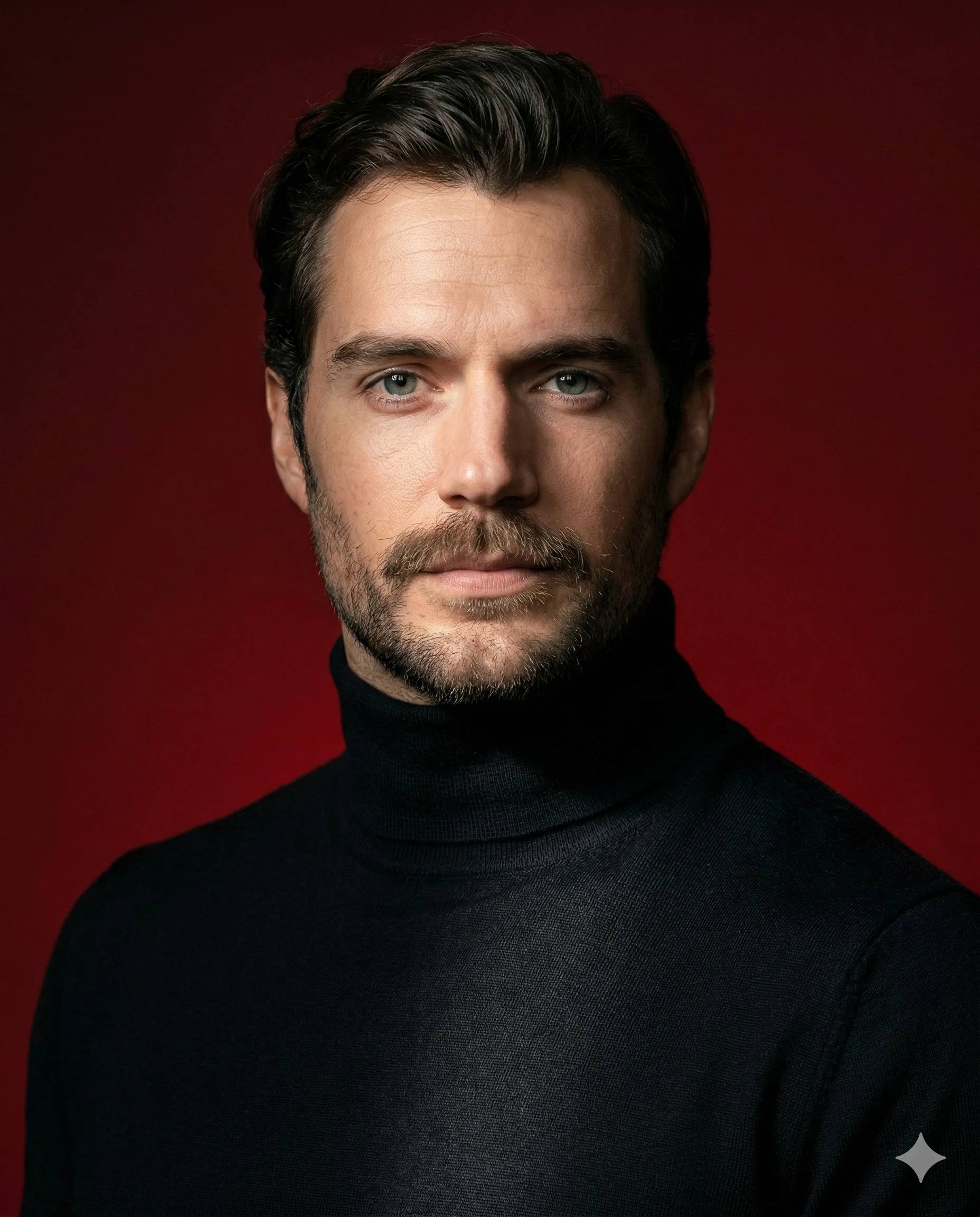 A cinematic portrait of a man with a calm, intense expression, looking at the camera. The framing is