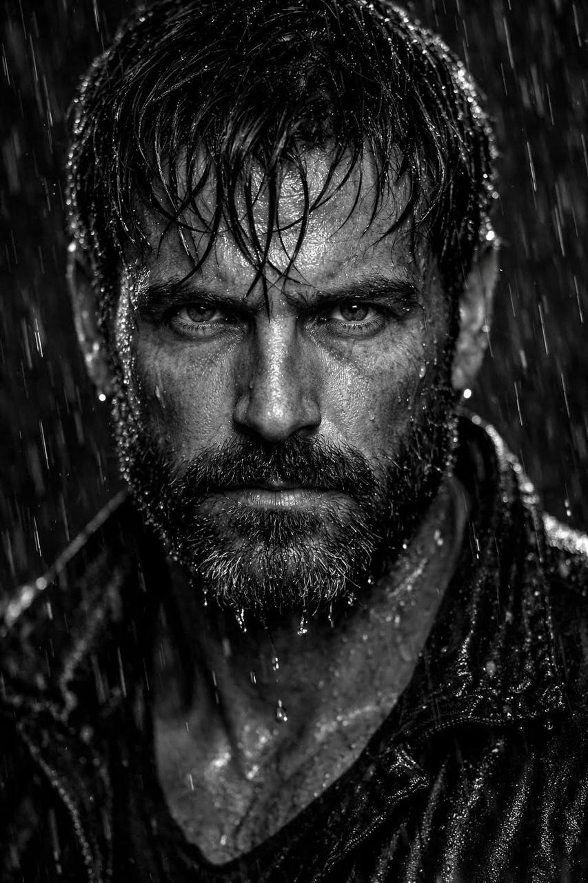 Ultra-realistic black and white portrait of a rugged man standing in heavy rain, intense piercing ey