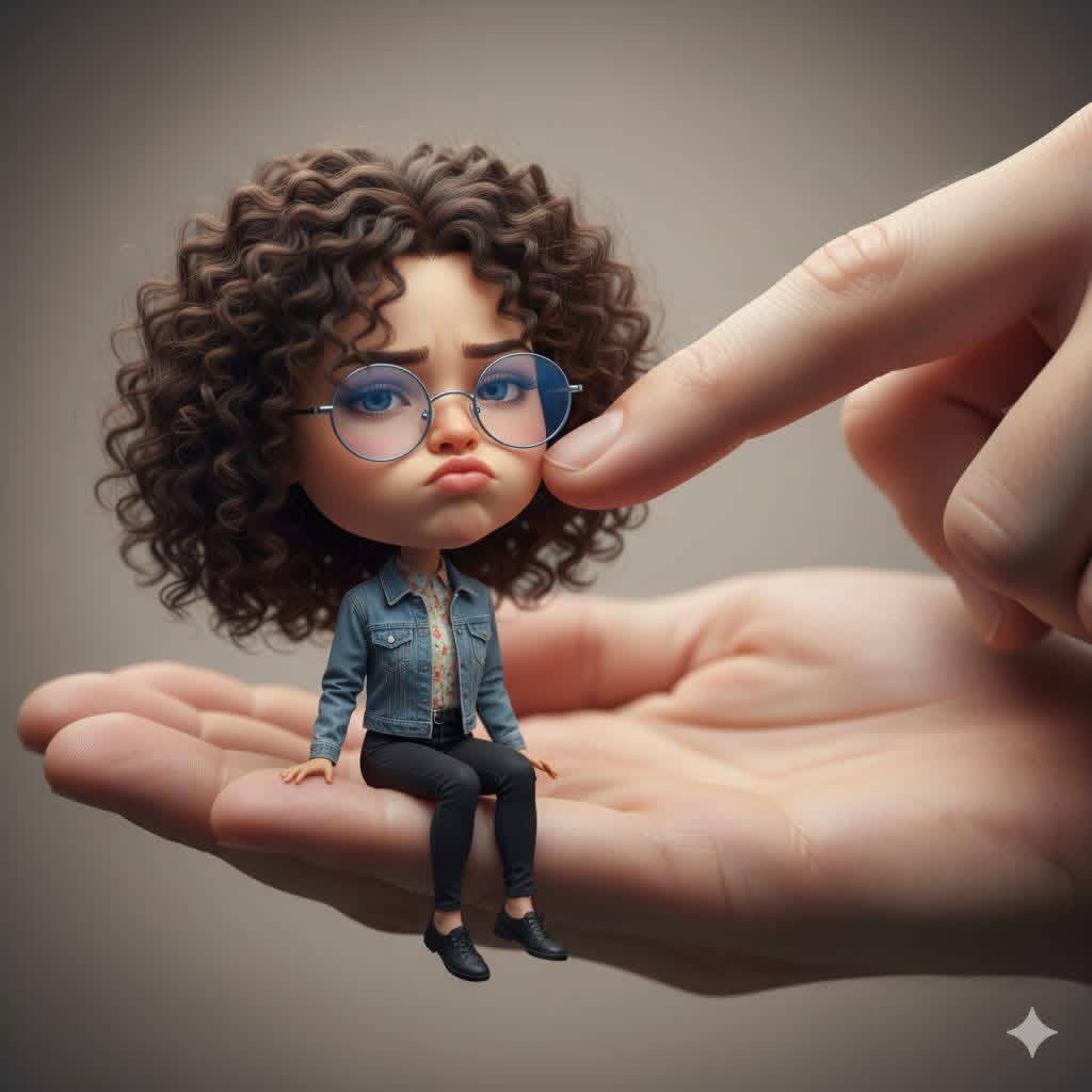 A hyper-realistic surreal portrait of a tiny miniature woman sitting in a person — Google Gemini AI Prompt