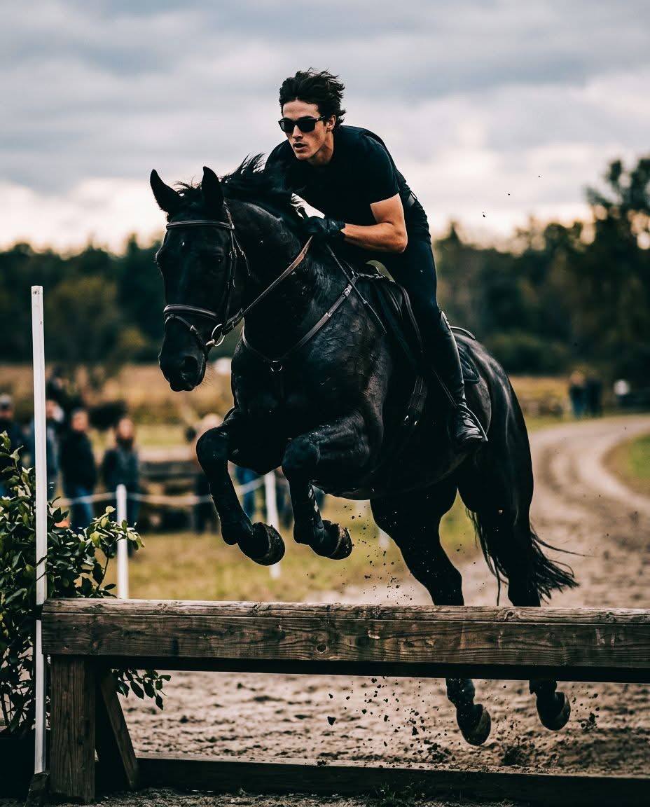 Ultra-realistic cinematic 4:5 portrait of a young man riding a powerful black horse mid-jump over a 
