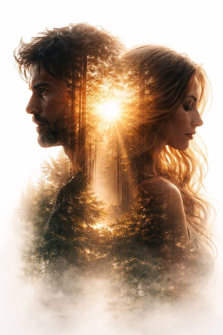 A cinematic double-exposure portrait featuring a man and
a woman in profile, facing opposite direct