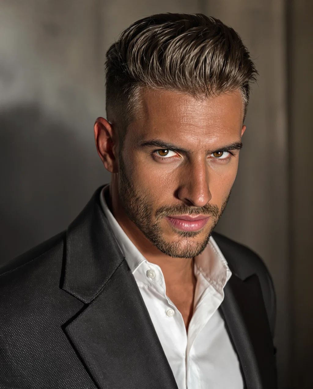 Deeply detailed picture of a fashionable man with a perfect hair style, alluring eyes that gaze inte