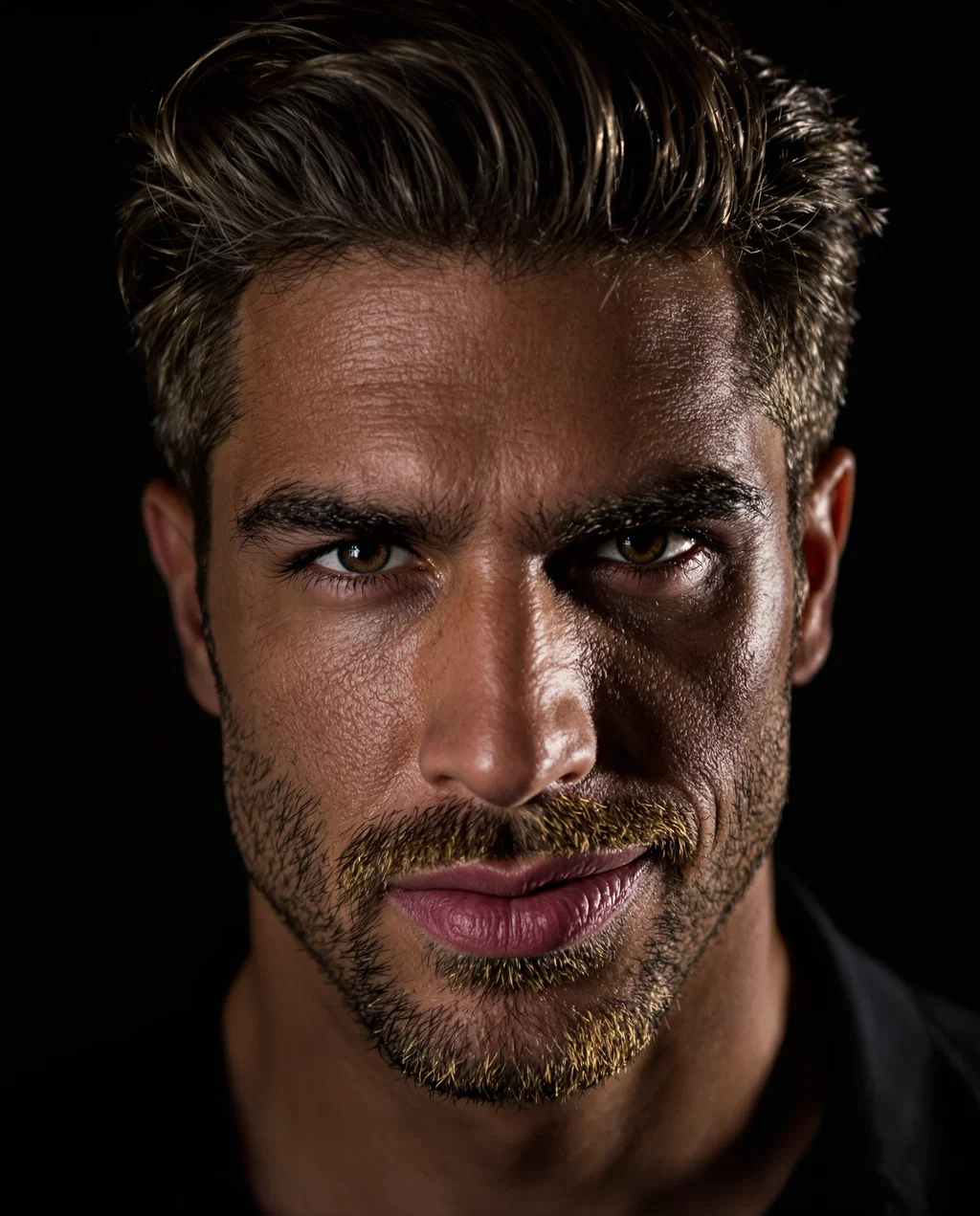 Crisp full-frame portrait of an admirable man with precisely coiffed hair, soulful eyes that dare to