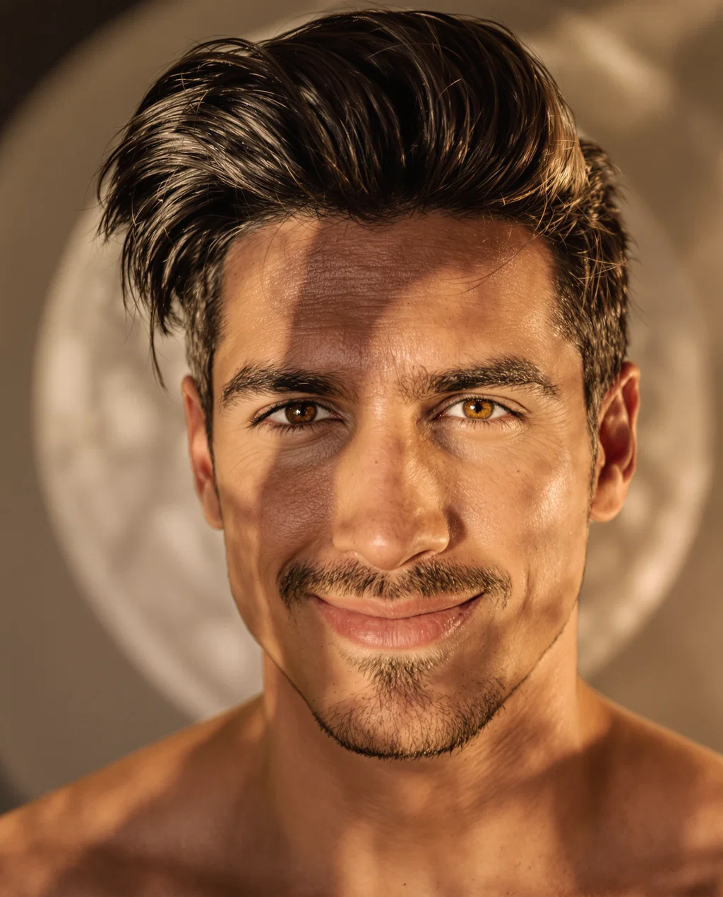 An intimate portrait of a good-looking man, impeccably coiffed hair, intriguing eyes peeking behind 