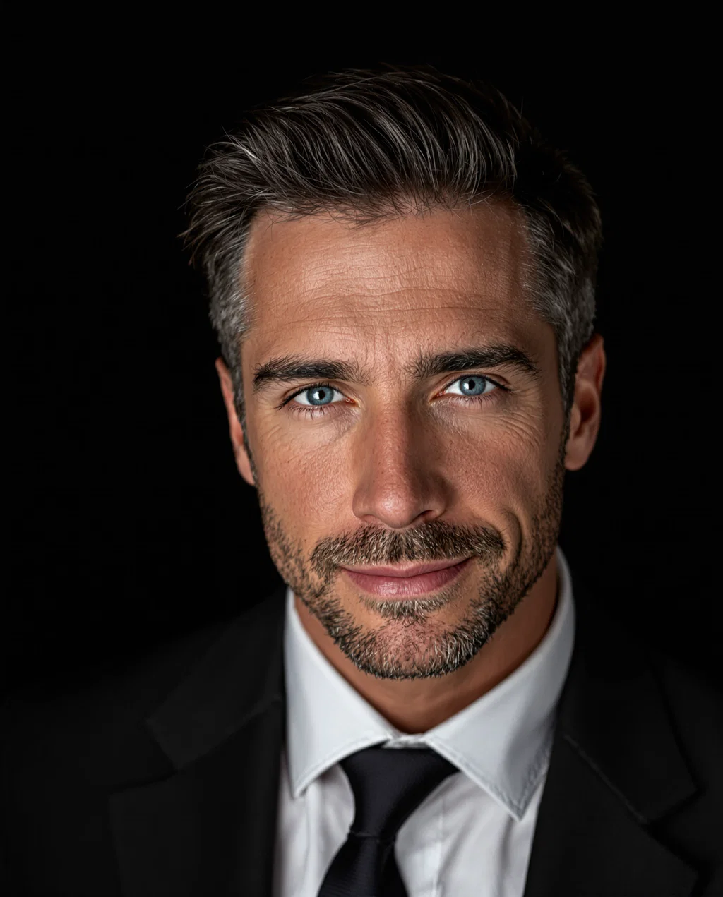 Portrait of a distinguished man with handsome features, perfect hair, and crystal-clear eyes that pi