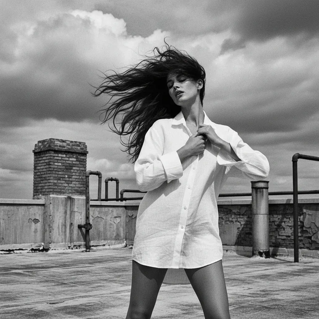 black and white fashion photograph, Peter Lindbergh style. Wind blowing strongly, hair chaotic and a