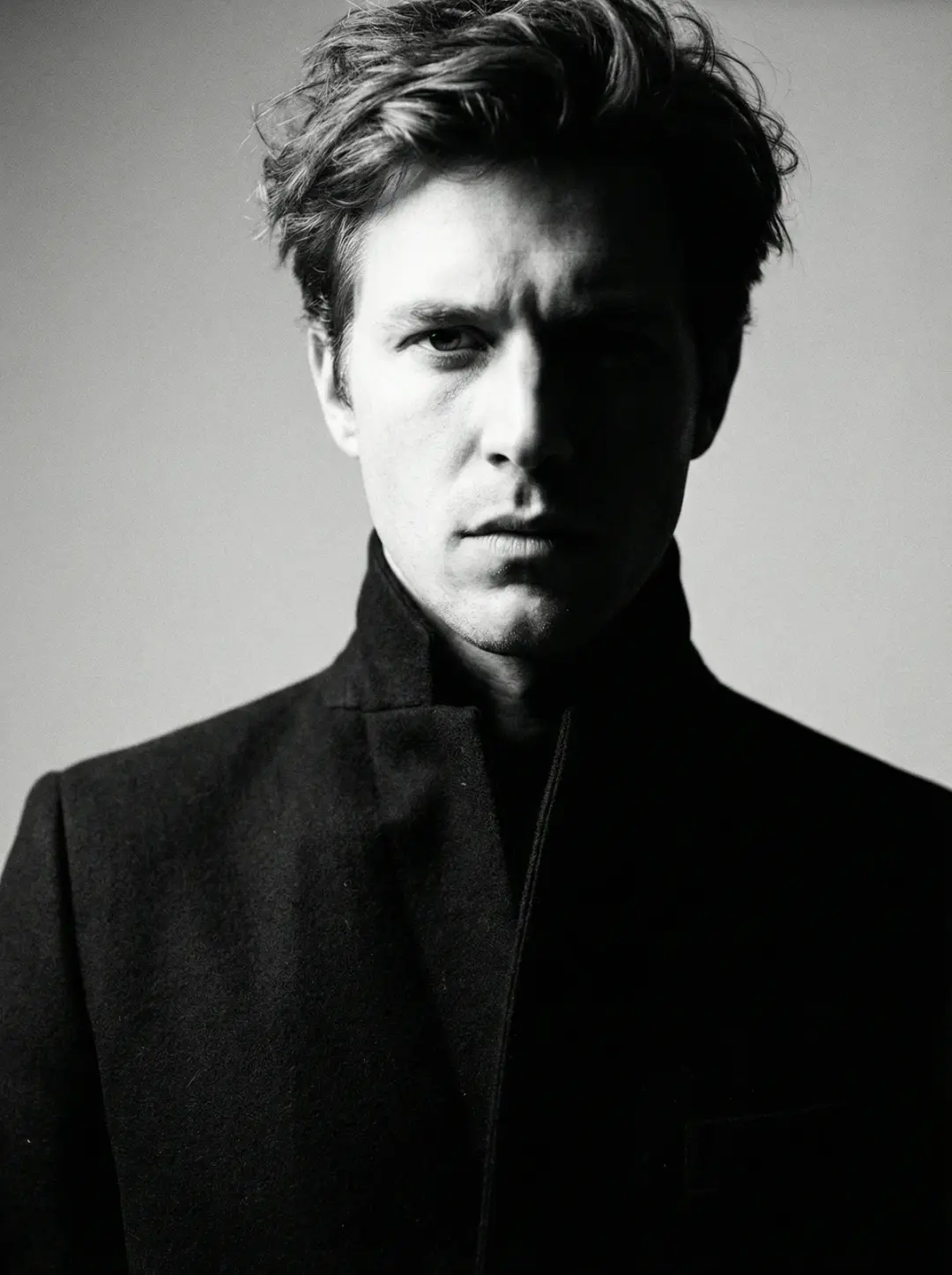 A grainy Hasselblad monochrome portrait in the style of Helmut Newton featuring a man with the top o