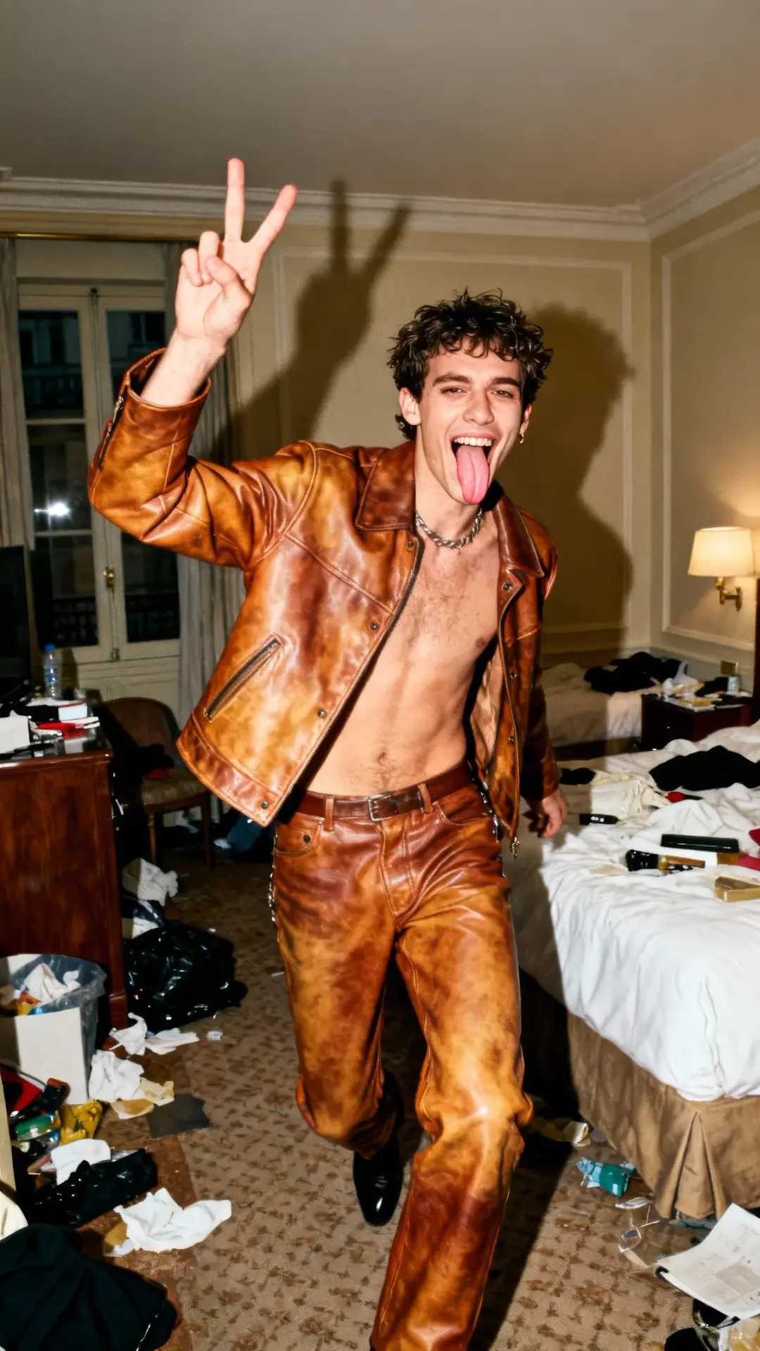 The portrait of a male model from Paris Fashion Week, sticking out her tongue and giving a peace sig