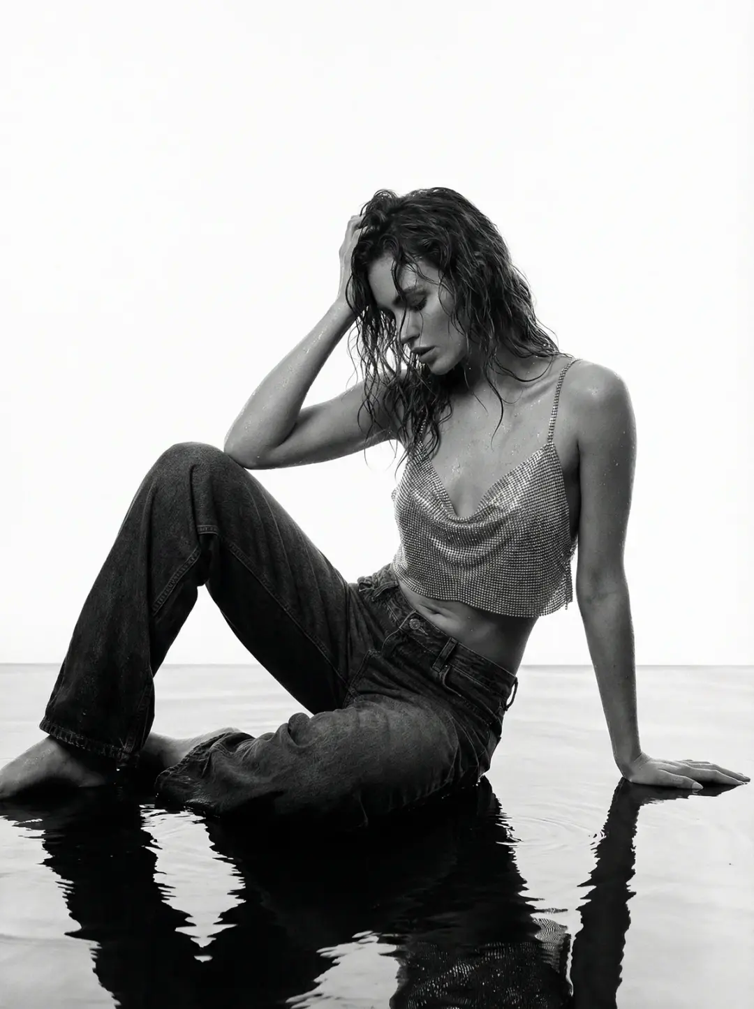 Create a black and white hyper-realistic image of a woman sitting in the water in a relaxed pose, he