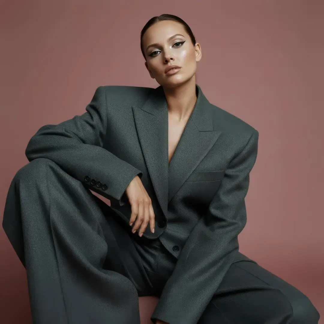 A sharply stylized portrait of a woman sitting with quiet defiance in a heavy structured oversized p