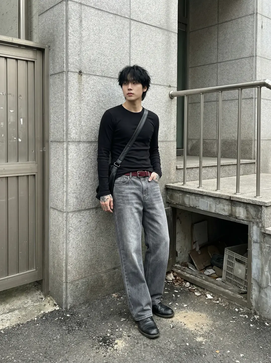 A lean young man leans casually against a large gray concrete wall composed of stained rectangular t