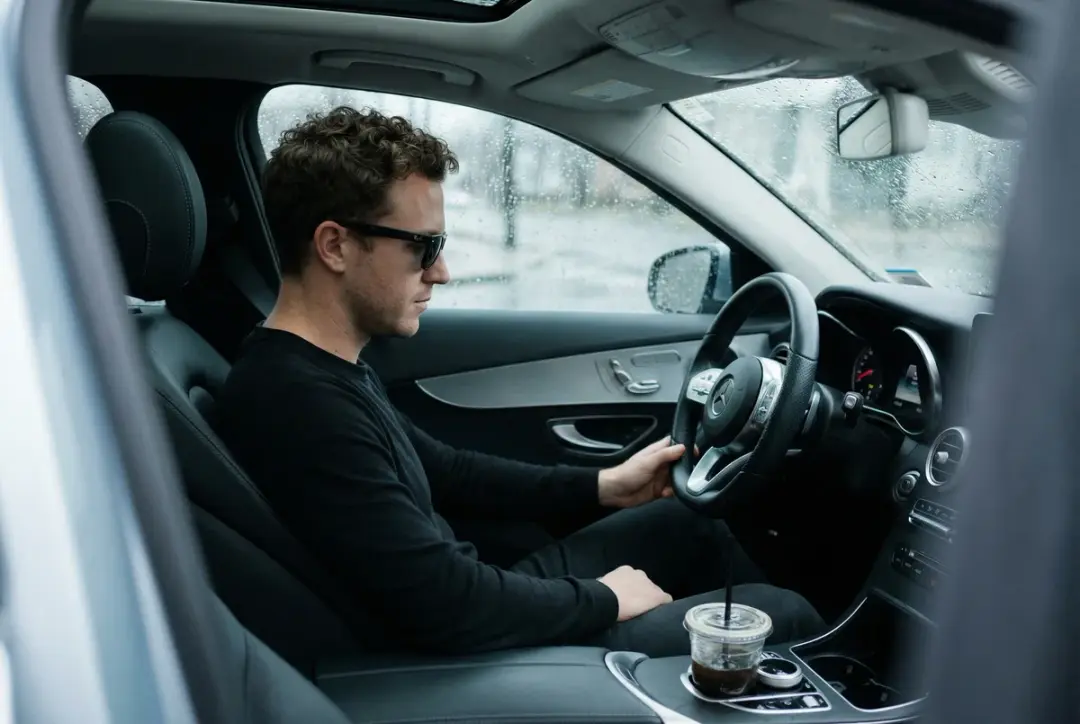 SHOT: • Composition: Medium side profile of man seated in driver\'s seat, centered • Camera Settings