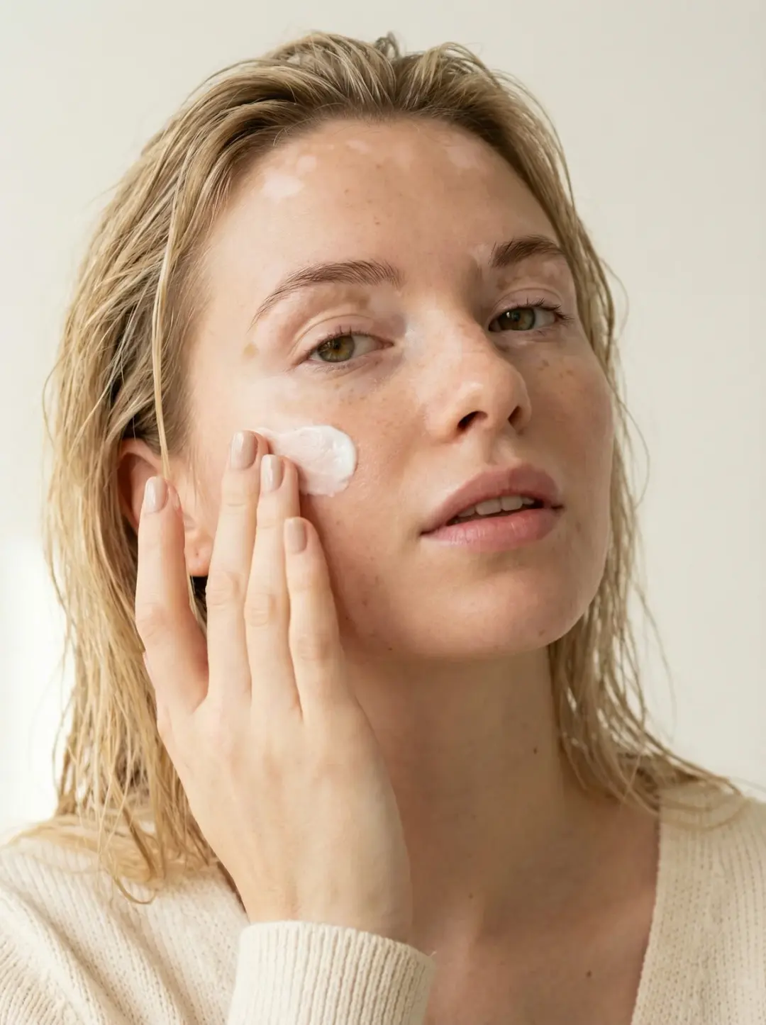 A close-up portrait of a young blonde woman with damp hair, applying a face cream on her cheek with 