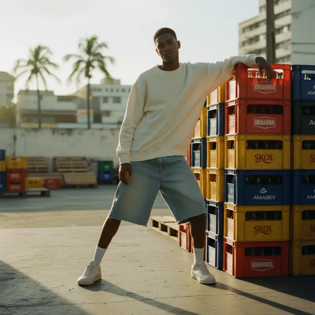 Afro-Brazilian male model wearing a plain, logo-free oversized moletom and loose-fit shorts or pants