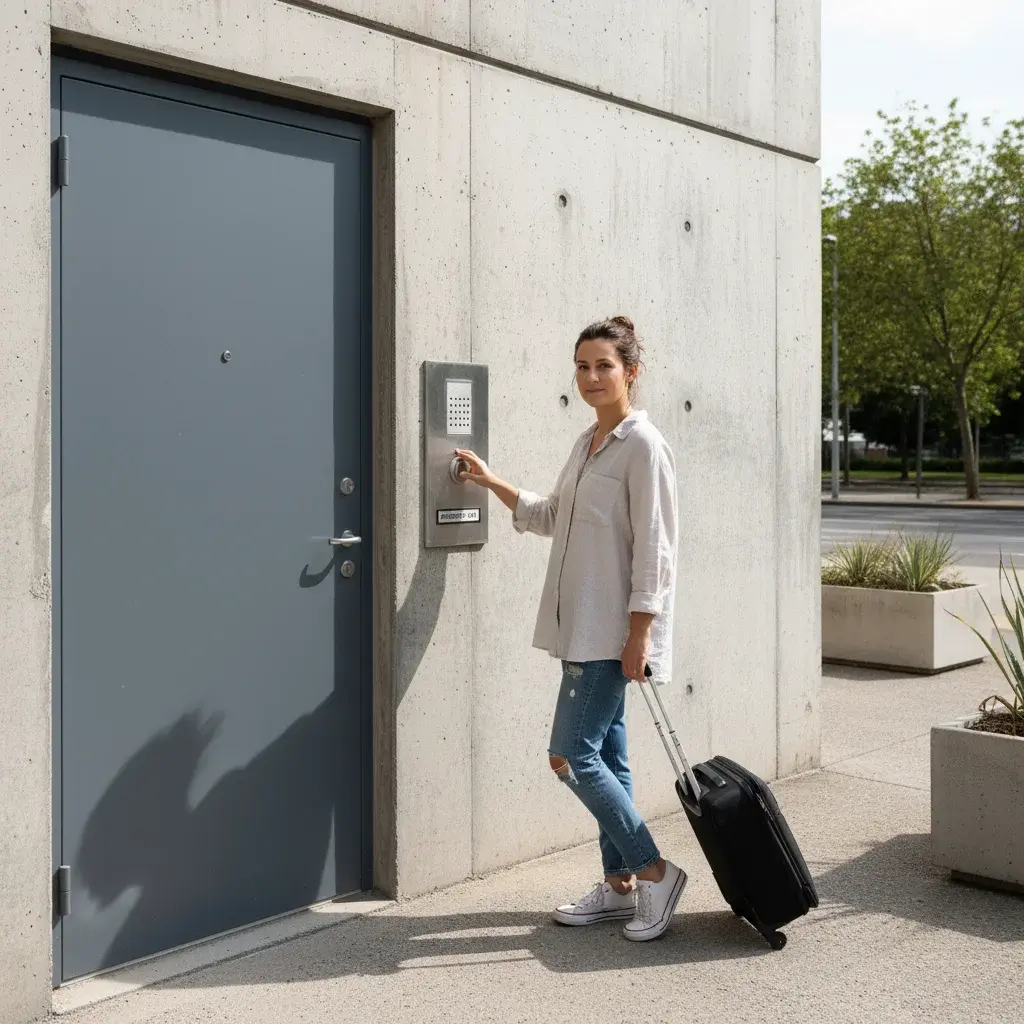 A woman casually dressed, standing outside a raw concrete apartment building in daylight. She has a 