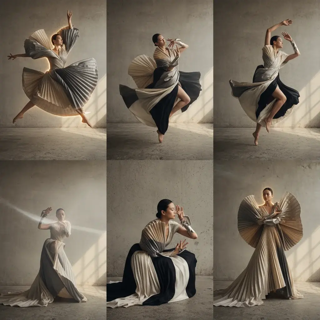 A high-fashion editorial series featuring a stunning Asian female model with sculptural features and