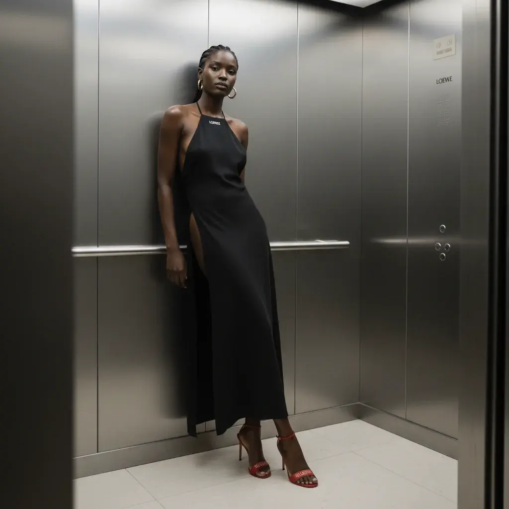 In an ultra-stylish office elevator setting, a high-fashion editorial portrait captures a dark-skinn