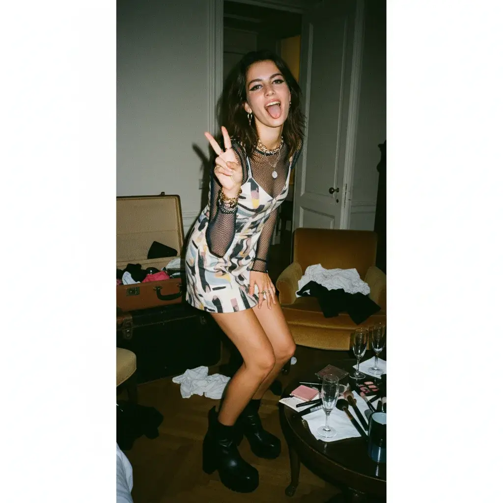 Portrait of a Paris fashion week model sticking out her tongue and throwing a peace sign, caught mid