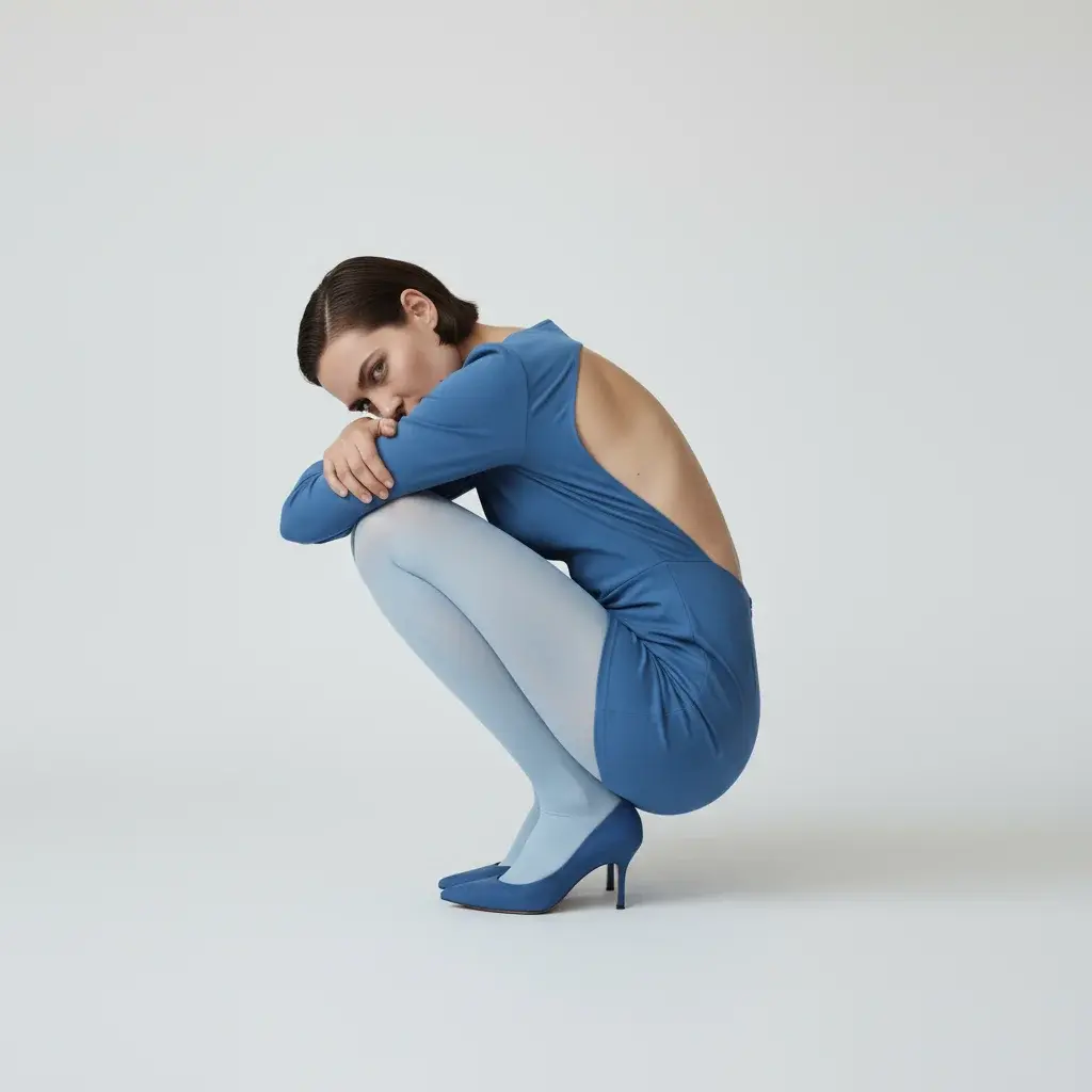 Bold but elegant fashion shot of a confident woman squatting with her arms around her knees, she has