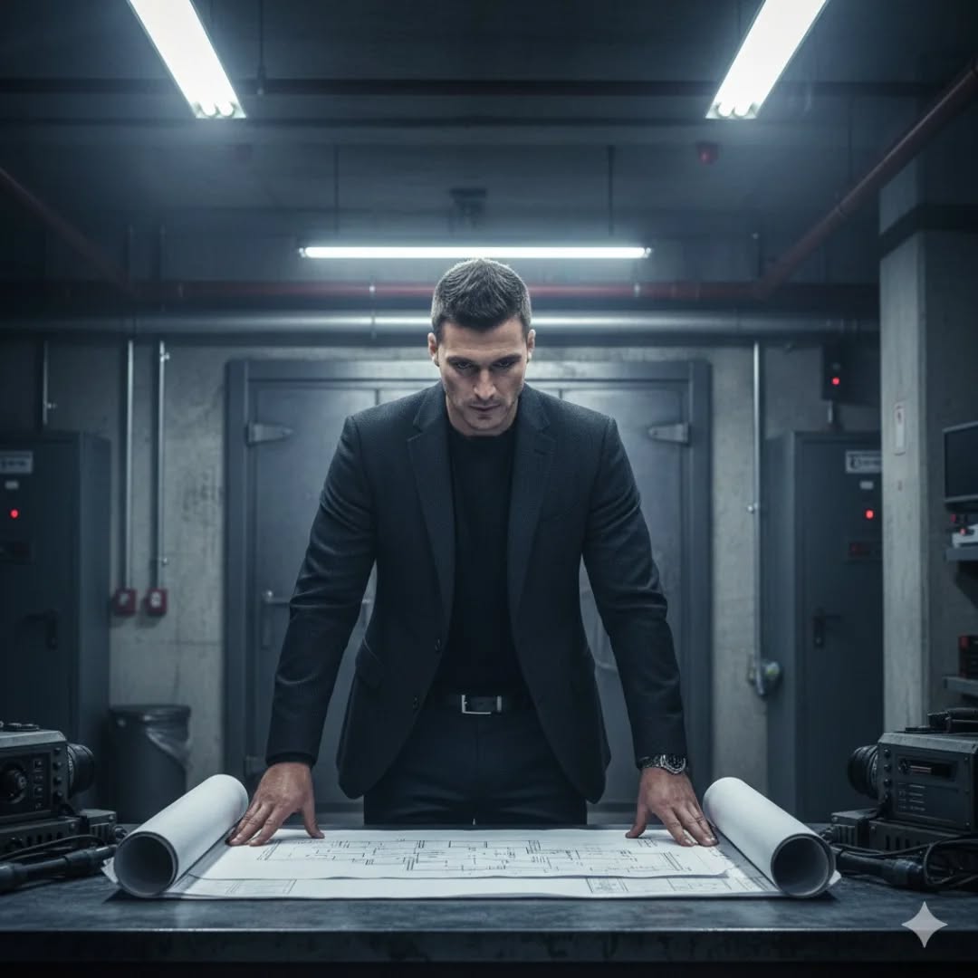 Ultra-realistic cinematic portrait of a powerful businessman or secret-agent style man standing insi