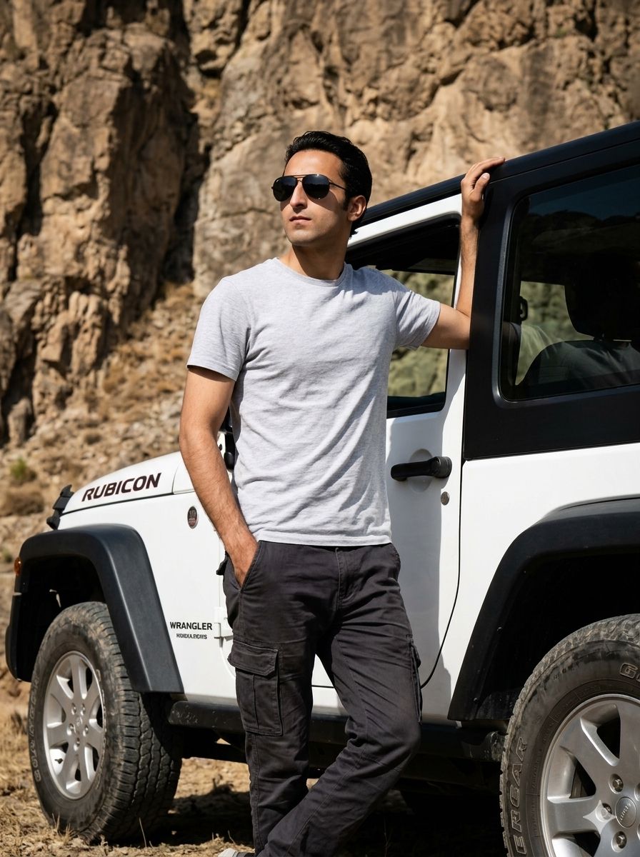 Ultra-realistic photo of a young man (with clean shave) in a light gray shirt, dark cargo pants, bla