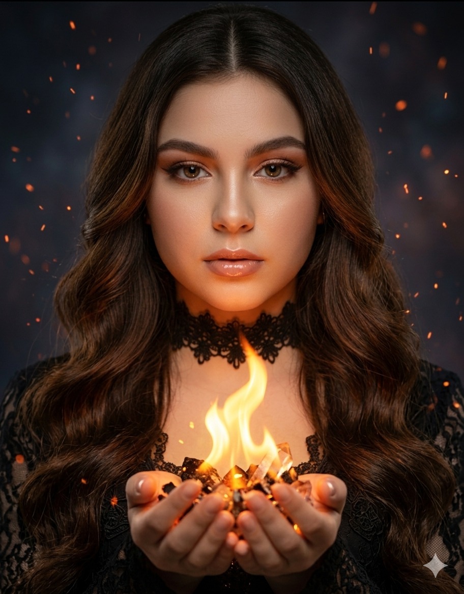 Create a fantastic and cinematic portrait of a young woman (see attached reference photo) with long,