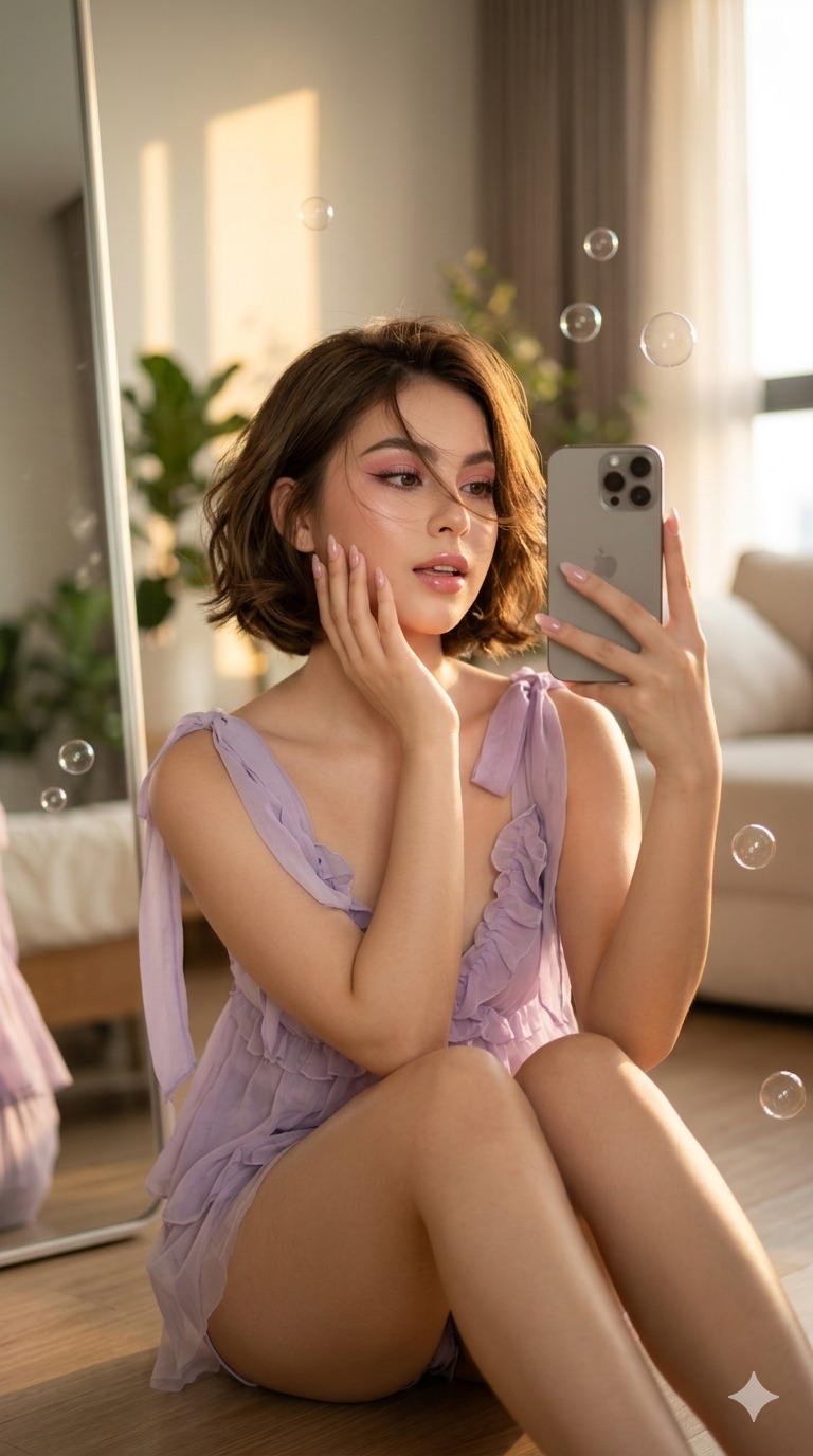 Create with High quality DSLR/Mirrorless camera, 85mm prime lens, shallow depth, a beautiful young V