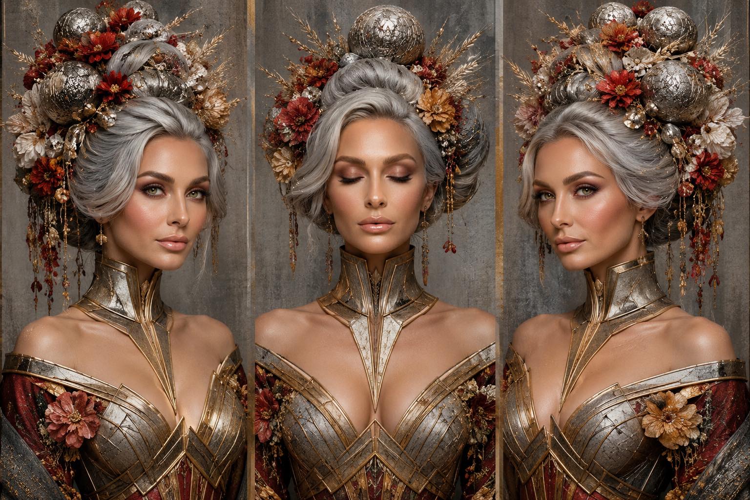 Create a realistic image of three stylized, elegant curvy women, matching the pr — Google Gemini AI Prompt