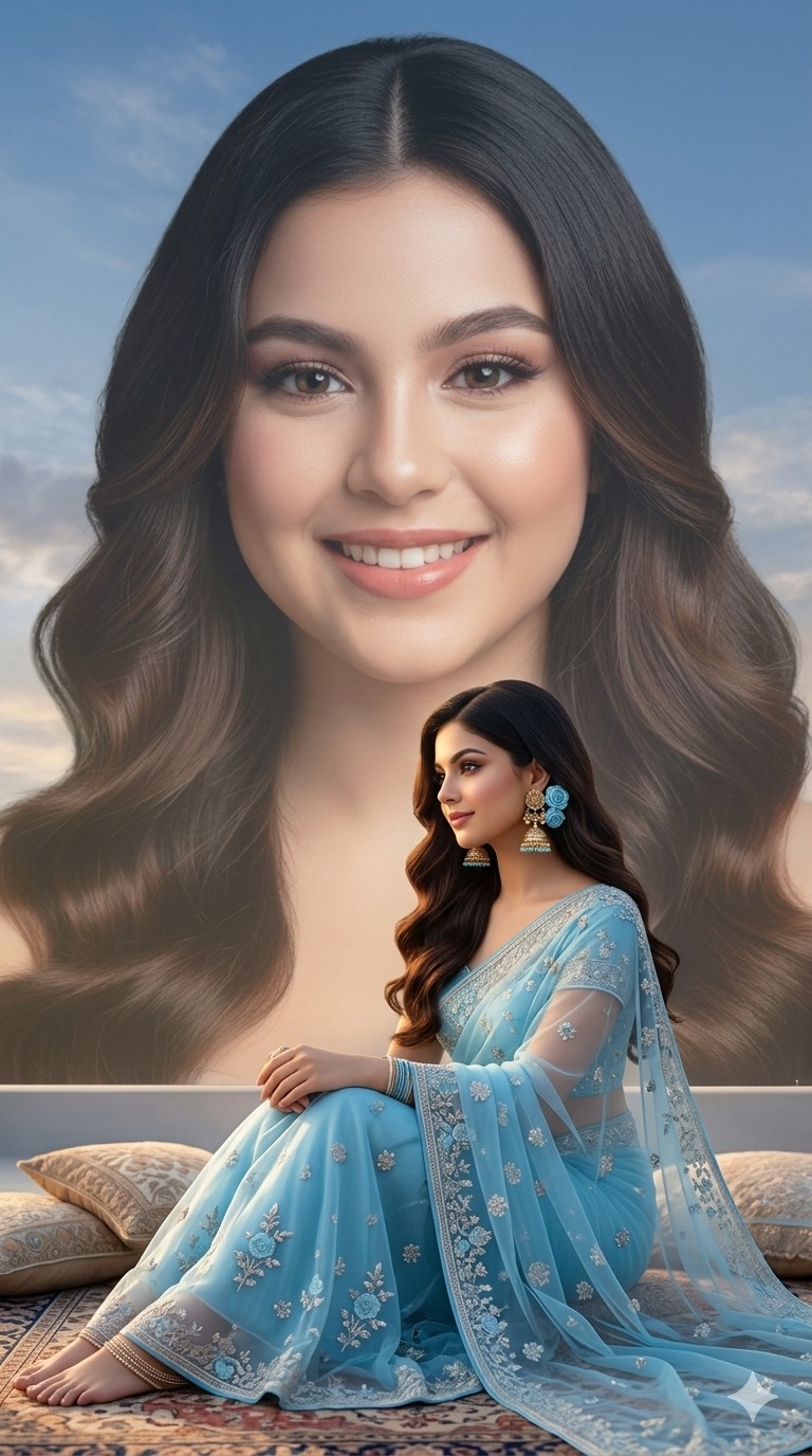 ULTRA HYPER-REALISTIC CINEMATIC BOLLYWOOD POSTER: A GIRL IN A NET SKY-COLOR SARI — Google Gemini AI Prompt