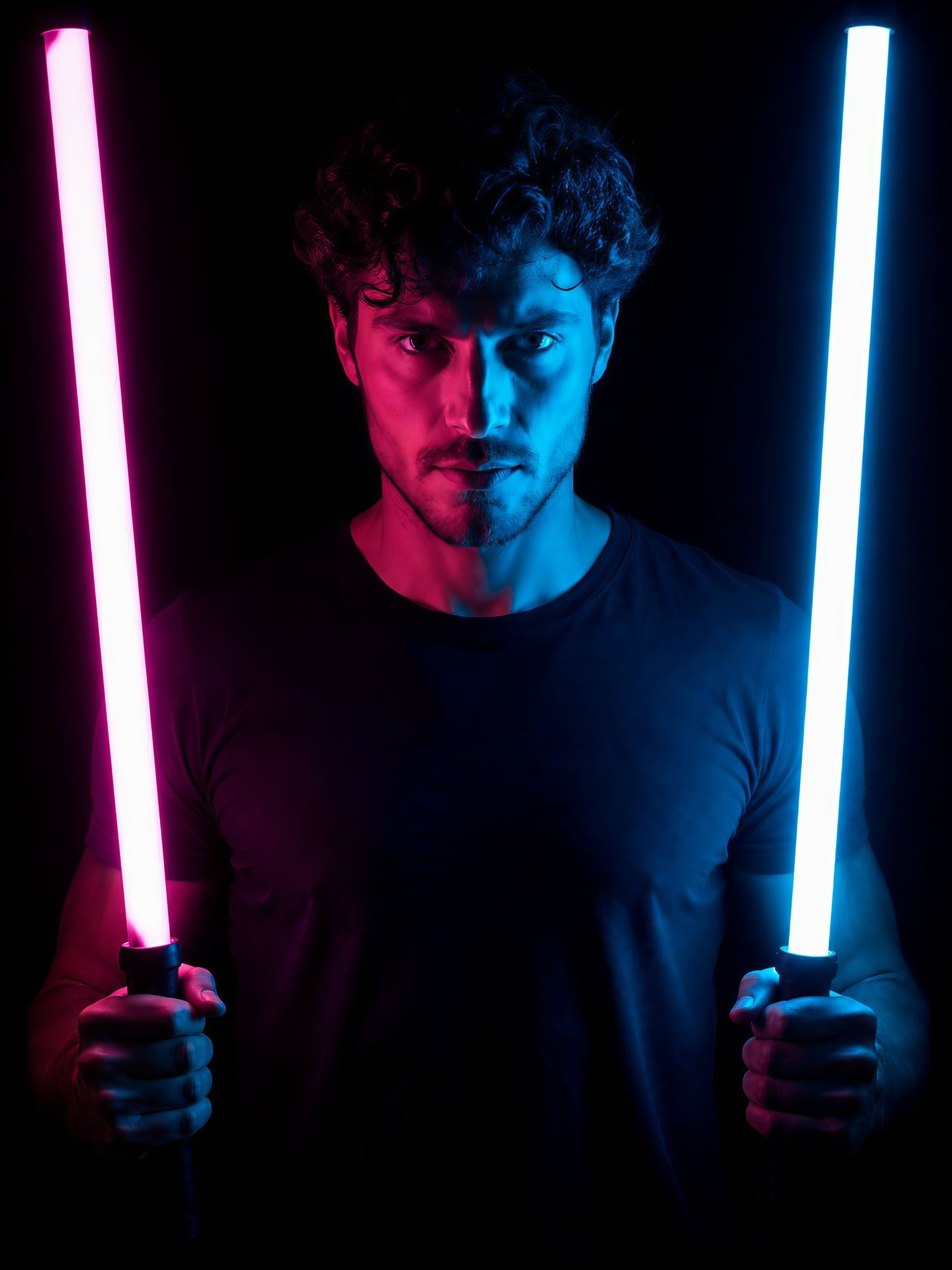 Man with curly hair and stubble centered in frame, dark background, waist-up sho — DALL-E AI Prompt