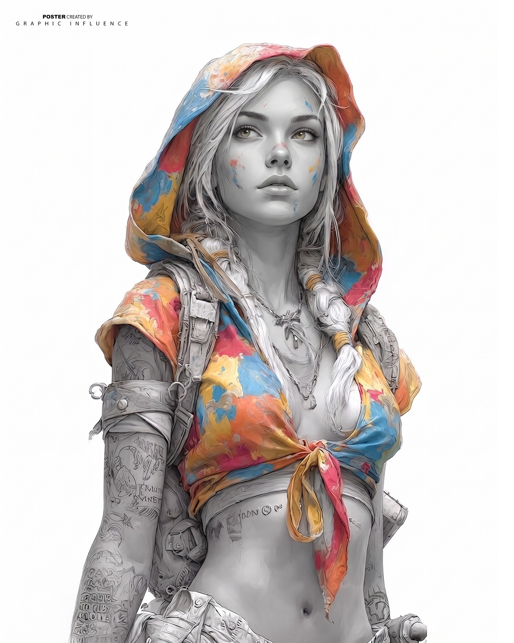 Ultra-detailed monochrome portrait of a young woman wearing a vibrant multicolor — Google Gemini AI Prompt