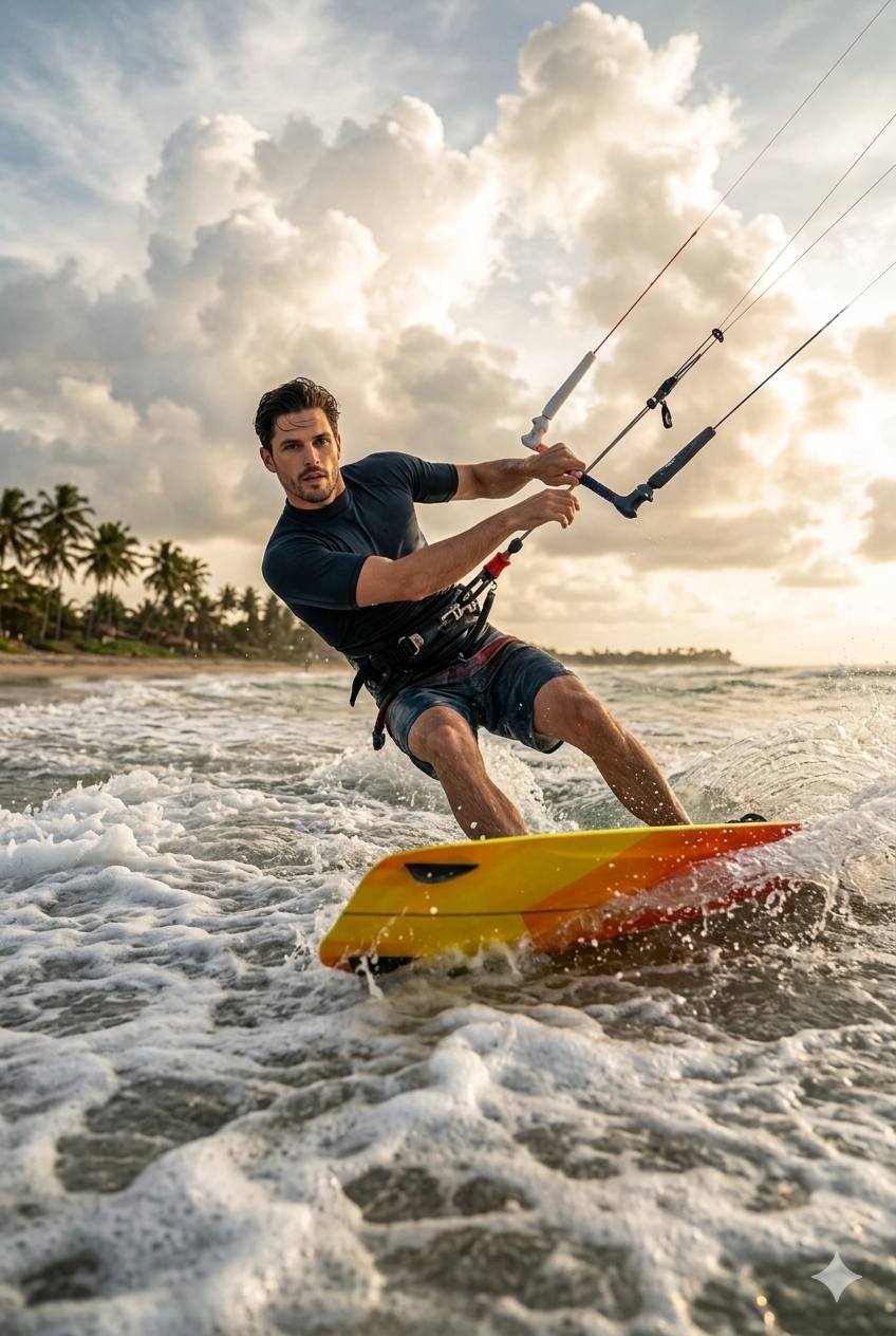 An action-packed, low-angle shot of a fit man, Use uploaded photo 100,999% facial reference,kitesurf