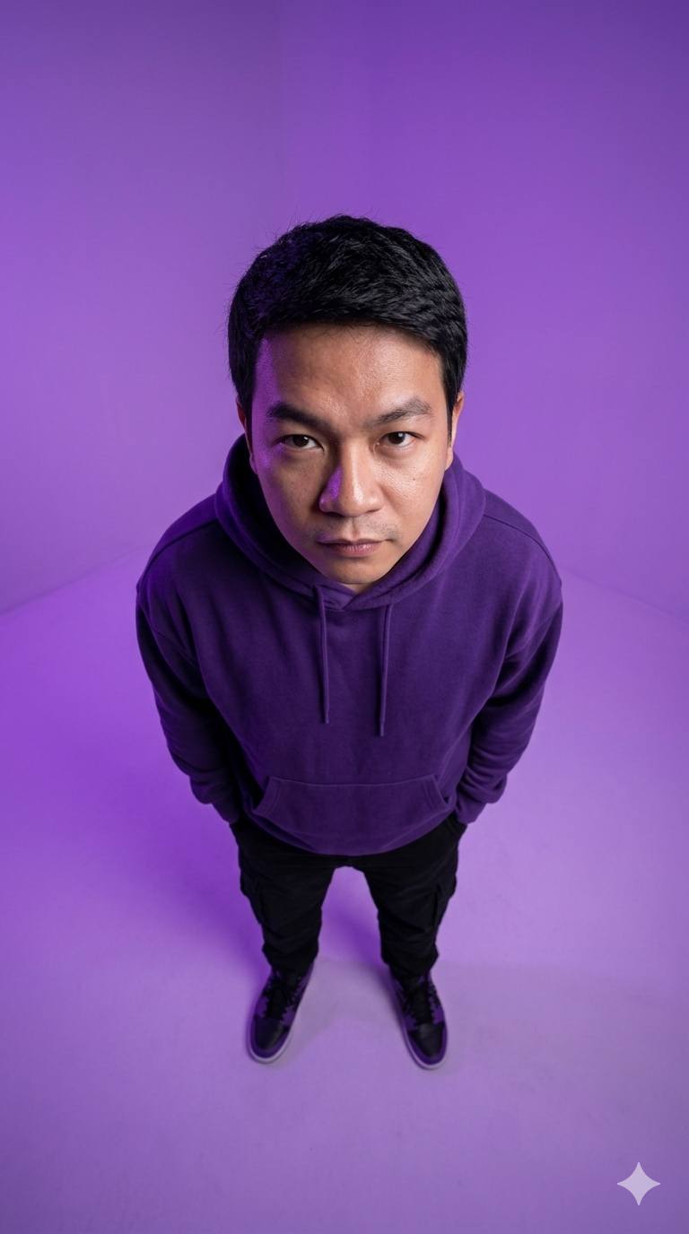 Ultra-realistic cinematic top-down portrait of a handsome Southeast Asian young man standing alone i