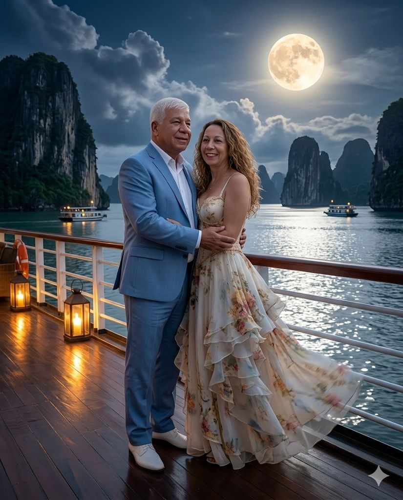 A cinematic, ultra-realistic romantic nighttime scene in Ha Long Bay, Vietnam. A — Google Gemini AI Prompt