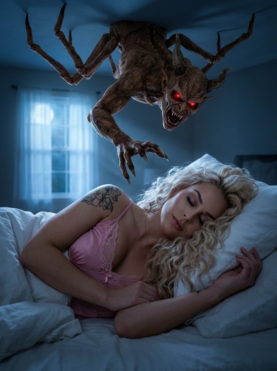 Create cinematic horror fantasy realistic photo of a beautiful young blonde curv — Google Gemini AI Prompt