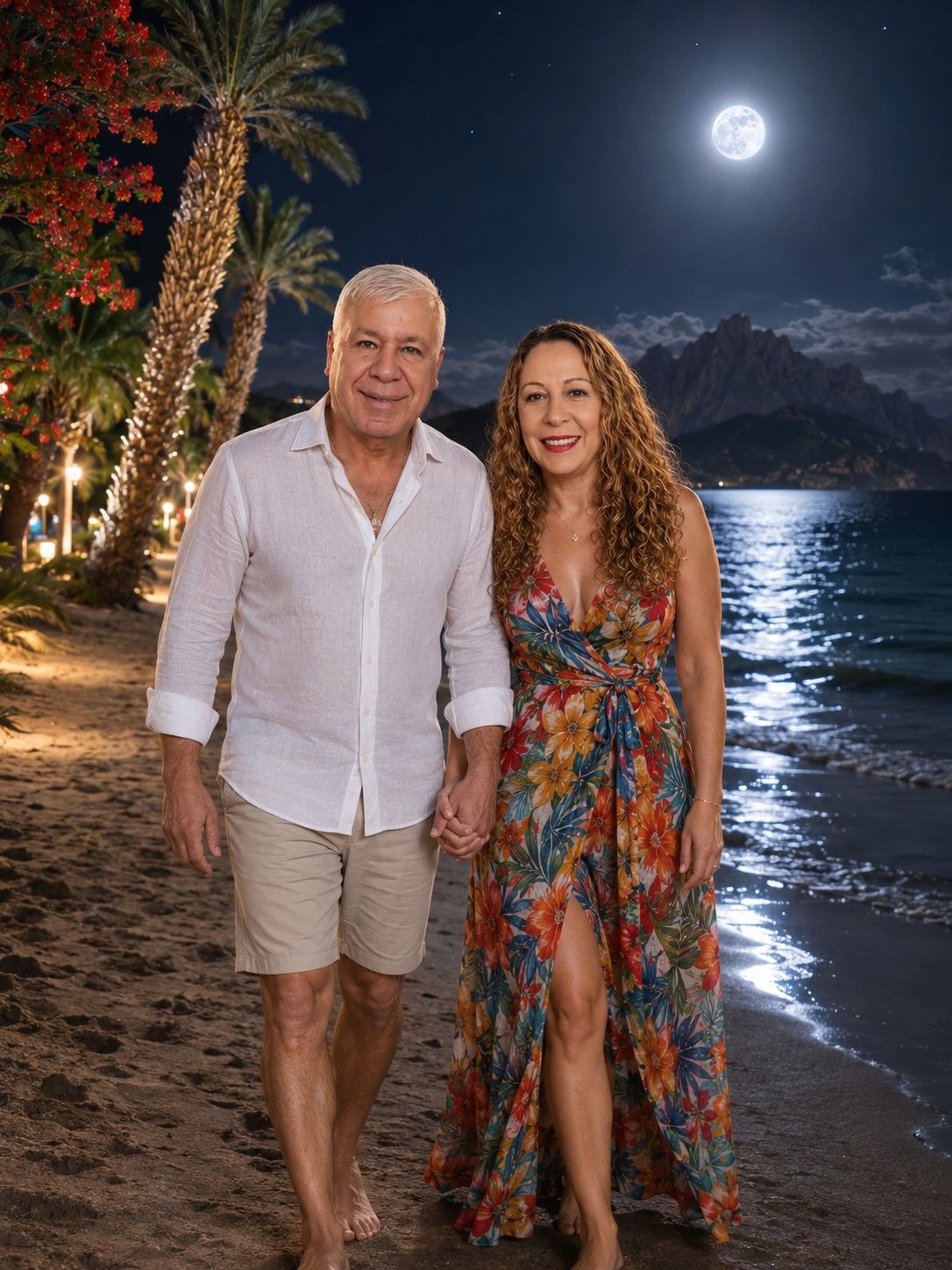 Create a highly detailed, photorealistic romantic nighttime beach scene using th — Google Gemini AI Prompt
