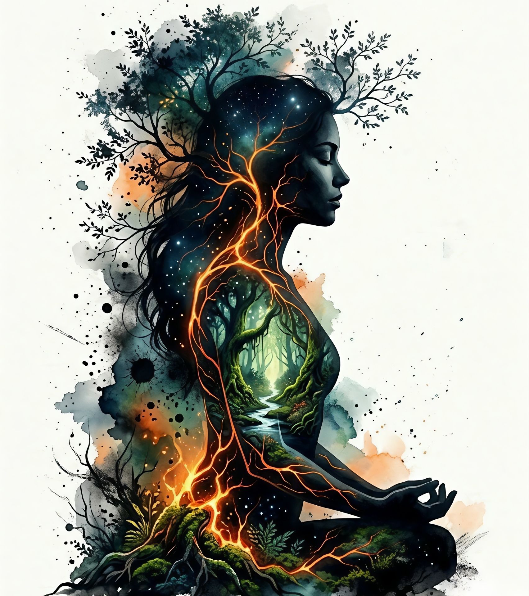 Surreal double exposure silhouette portrait of a meditative woman merged with na — AI Image Prompt