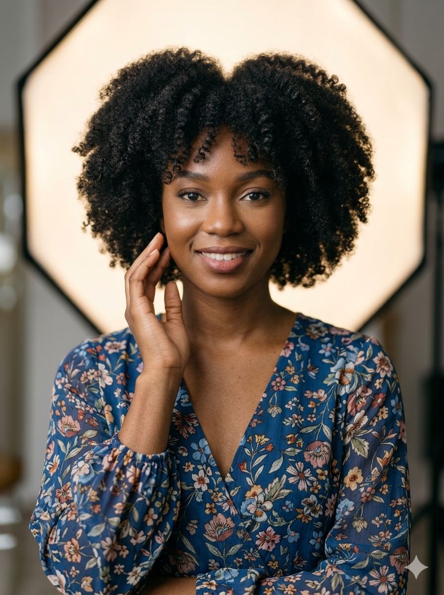 Use the image attached. Beautiful dark-skinned African woman wearing a floral bl — Google Gemini AI Prompt