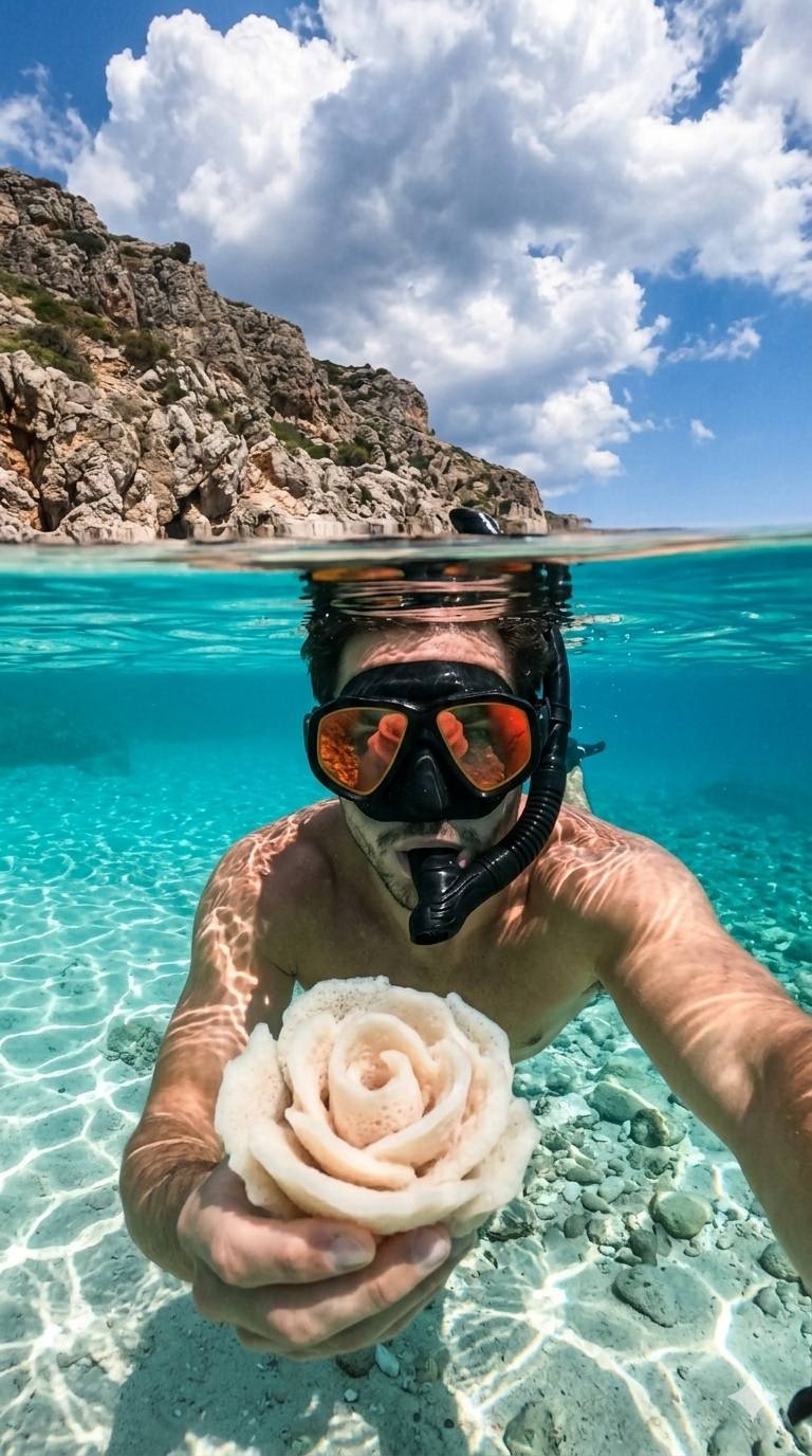 An over-under (split-shot) half-underwater selfie photograph of a fit, athletic  — DALL-E AI Prompt