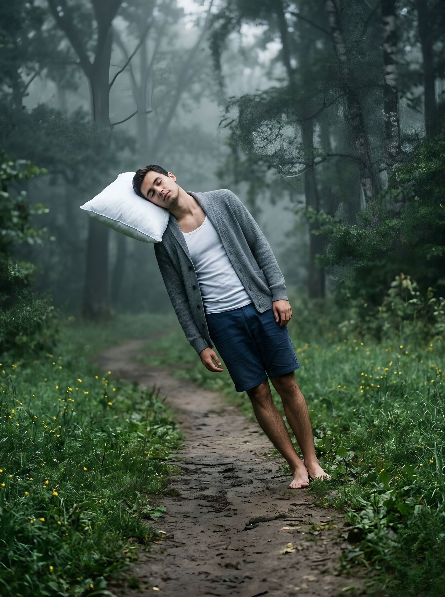 Surreal photo, young man asleep standing at 45-degree angle on dirt path, head r — AI Image Prompt