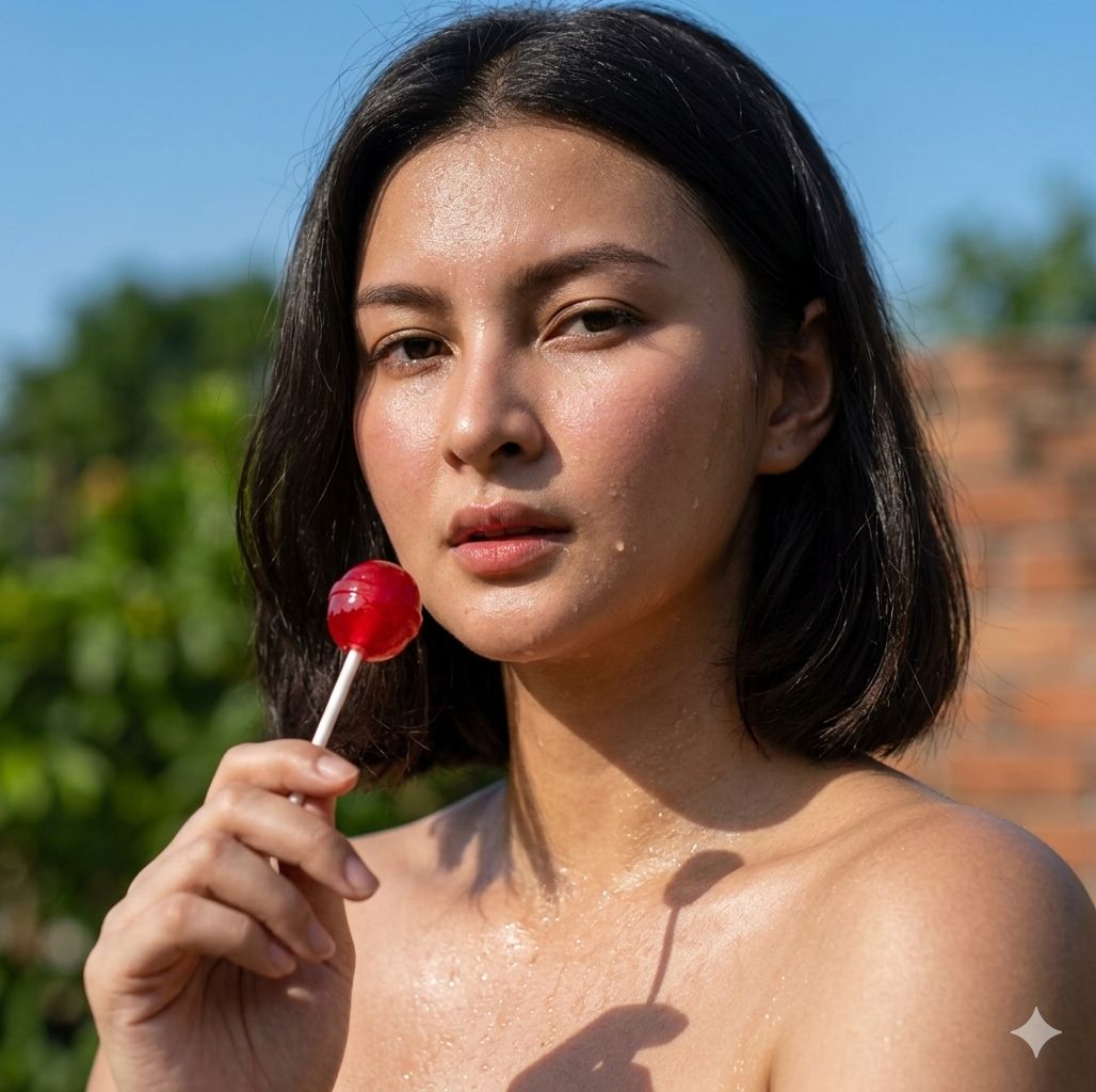 A close-up portrait of a young woman with short, dark wavy hair, captured under  — Google Gemini AI Prompt